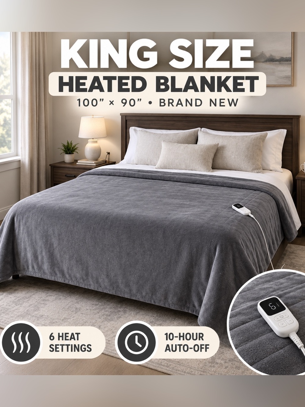 NEW King Size Gray Heated Electric Blanket 100x90 New in Package